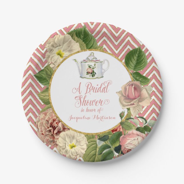 Tee-Party-Brautparty Zickzack Streifen Rose Pappteller (Vorderseite)
