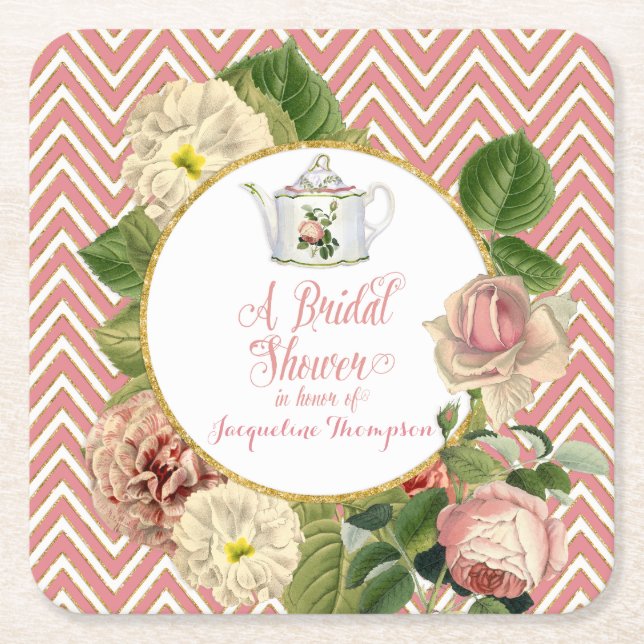 Tee-Party-Brautparty Zickzack Streifen Rose Rechteckiger Pappuntersetzer (Vorderseite)