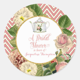 Tee-Party-Brautparty Zickzack Streifen Rose Runder Aufkleber