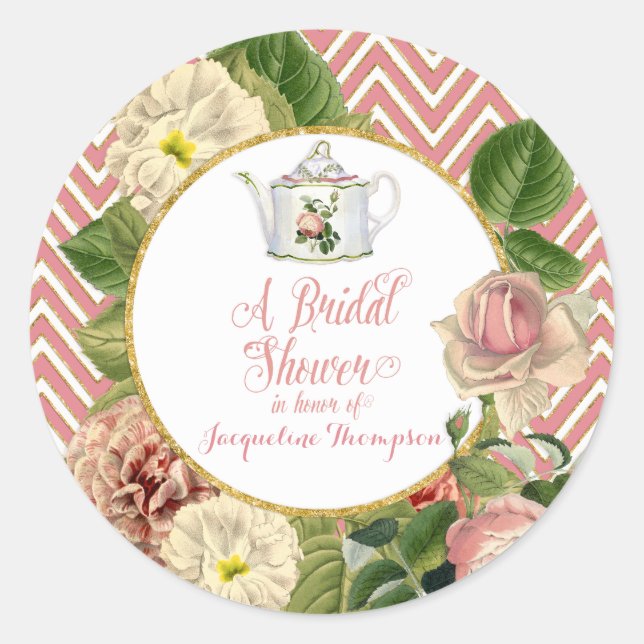 Tee-Party-Brautparty Zickzack Streifen Rose Runder Aufkleber (Vorderseite)