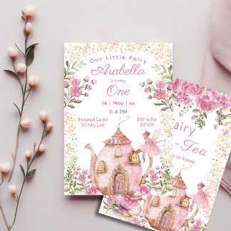 Tee Party Fairy Girl Blush Pink Blume Geburtstag Einladung