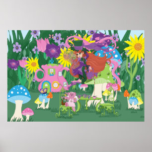 Tee-Party-Fee, Vintage-Uhr und Pilze Poster
