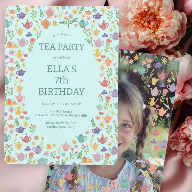 Tee Party Geburtstag Niedliches FOTO Einladung (Tea Party Birthday Cute Custom PHOTO Hand-drawn Invitation
)