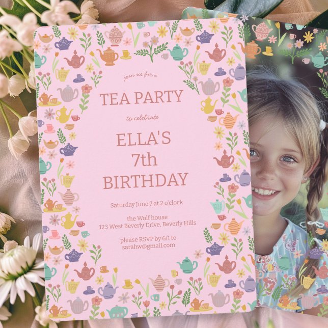 Tee Party Geburtstag Niedliches FOTO Einladung (Tea Party Birthday Cute Custom PHOTO Invitation Pink Girlie Cute Sweet 
)
