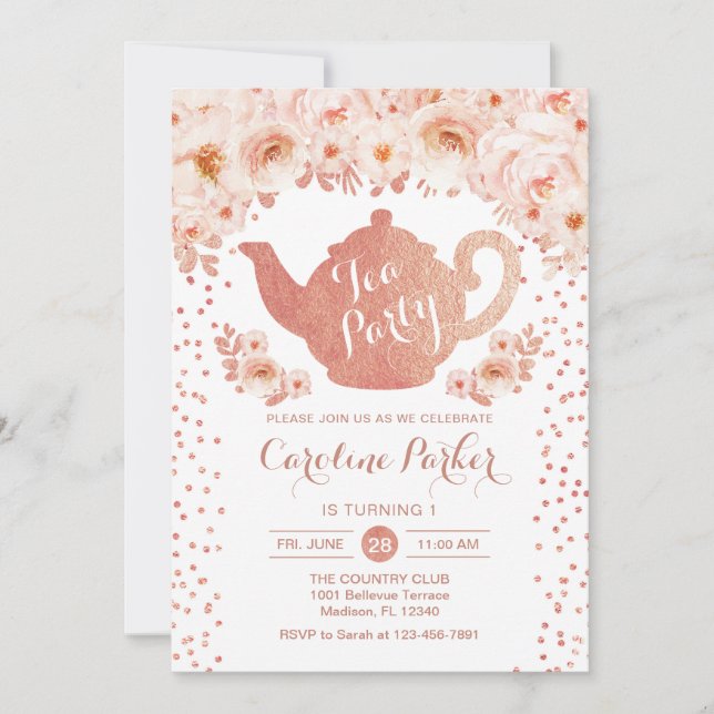 Tee Party Geburtstag - Rose Gold Weißrosa Blütenbr Einladung (Vorderseite)