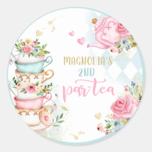 Tee Party Geburtstagsmädchen Pink & Gold Blumenst Runder Aufkleber