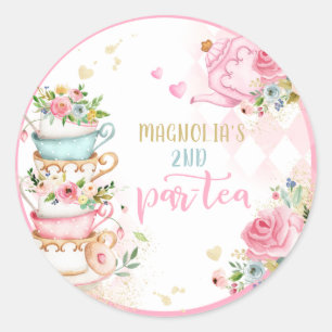 Tee Party Geburtstagsmädchen Pink & Gold Blumenst Runder Aufkleber