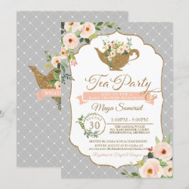 Tee-Party-graue rosa u. erröten Blumenbaby-Dusche Einladung