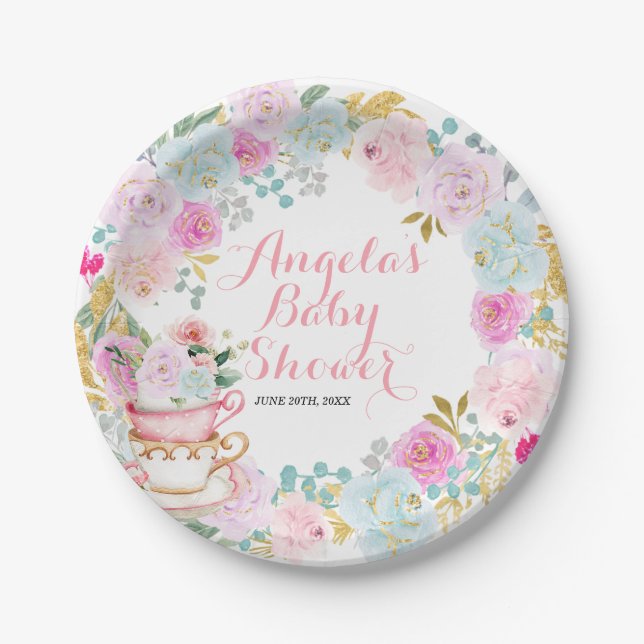 Tee-Party Kinderdusche Pastel Blume Pappteller (Vorderseite)