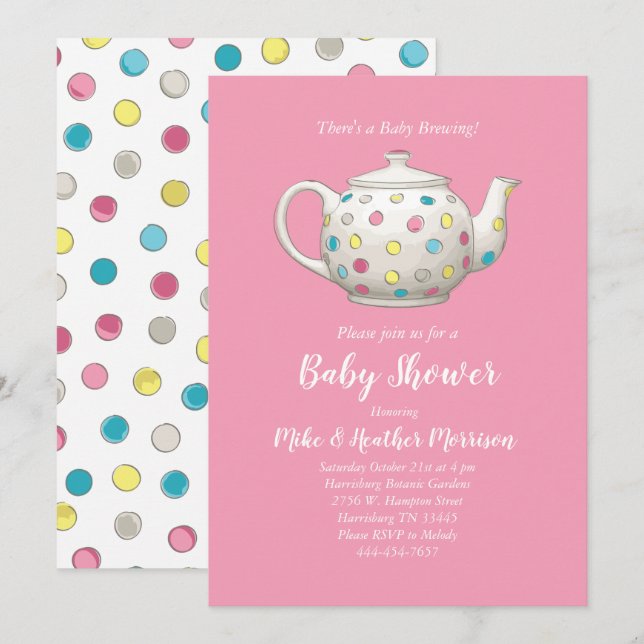 Tee-Party Kinderdusche Pink Girl Einladung (Vorne/Hinten)