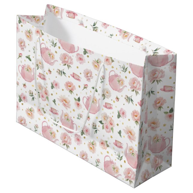 Tee-Party Kinderdusche Rosa Blumenstrauß große Ges Große Geschenktüte (Vorderseite Schrägansicht)