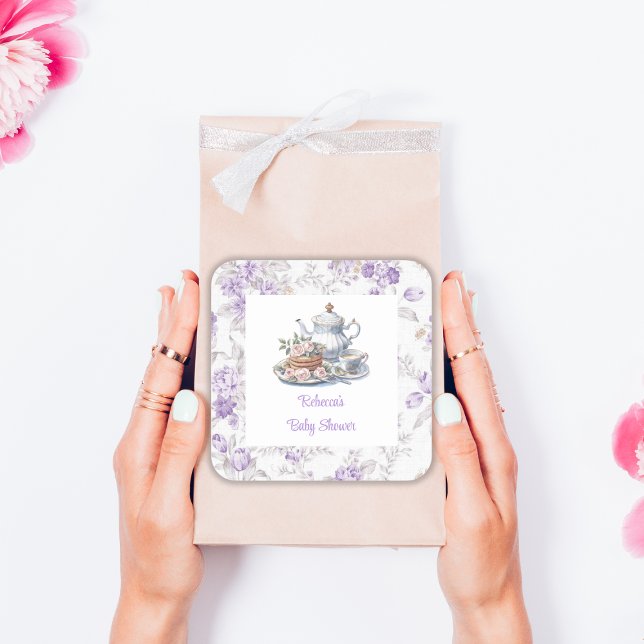 Tee Party Lavender Garden Floral Baby Dusche Quadratischer Aufkleber (Von Creator hochgeladen)