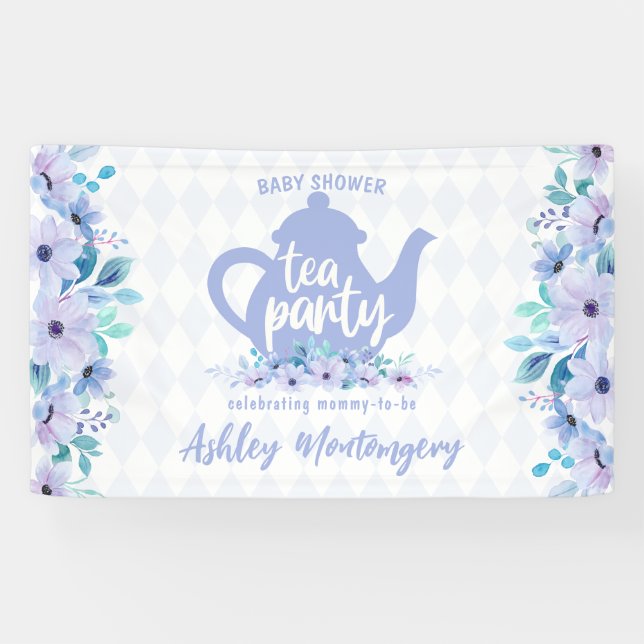 Tee-Party Lila Watercolor Kinderdusche Banner (Horizontal)