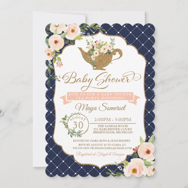Tee-Party Luxus-Blush und Navy-Floral-Baby-Dusche Einladung (Vorderseite)