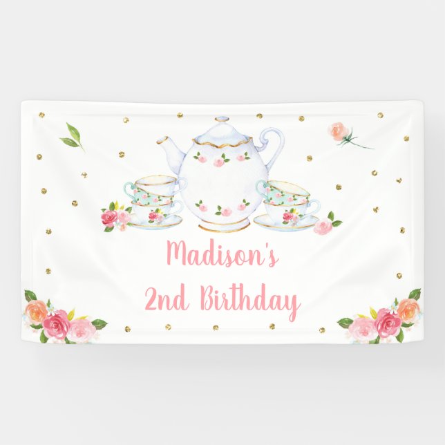 Tee Party Rosa Gold Floral Geburtstag Banner (Horizontal)