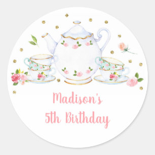 Tee Party Rosa Gold Floral Geburtstag Runder Aufkleber