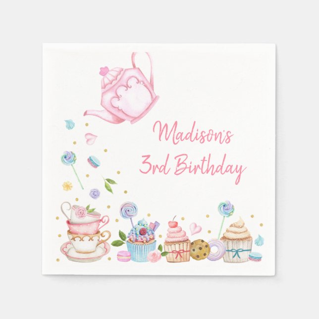 Tee Party Rosa Gold Floral Geburtstag Serviette (Vorderseite)