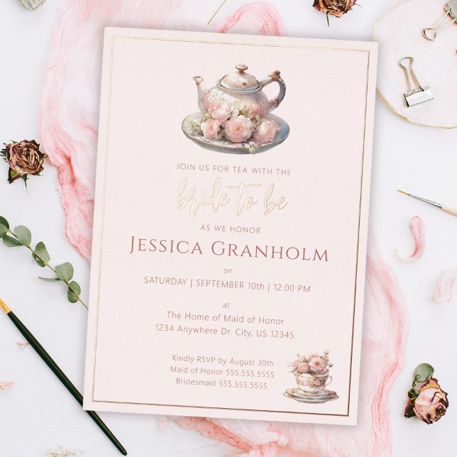 Tee Party Rosa Rose Gold Brautparty Folieneinladung (Von Creator hochgeladen)