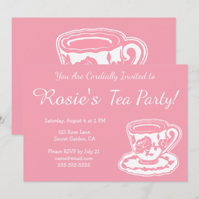 Tee-Party-Rosa-Roseteacup-Gewohnheits-Einladungen Einladung (Vorne/Hinten)