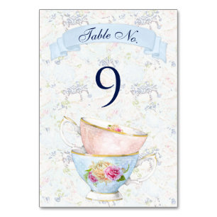 Tee-Party-Rose Teacups Blau Rosa Gelb Tischnummer