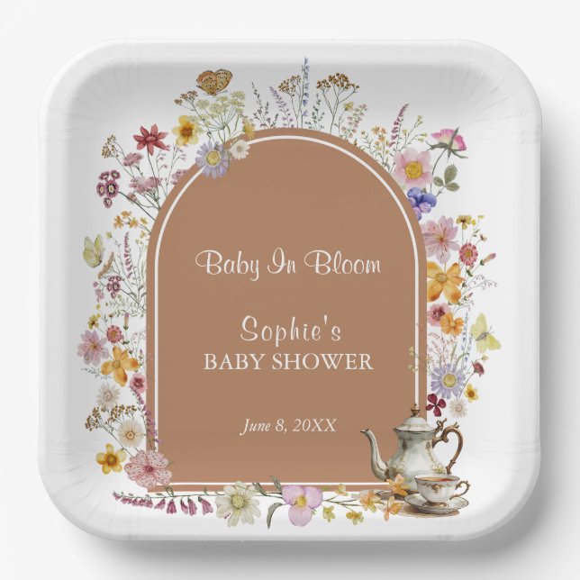 Tee-Party Rustikales Baby in Blütendusche Pappteller (Vorderseite)