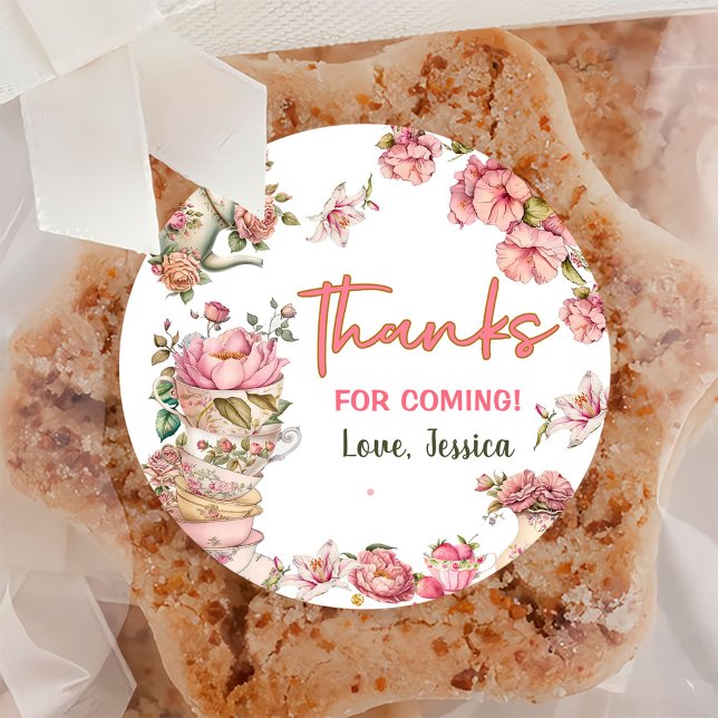 Tee Party Tee für zwei rosa Blumenbrauen Geburtsta Runder Aufkleber (Von Creator hochgeladen)