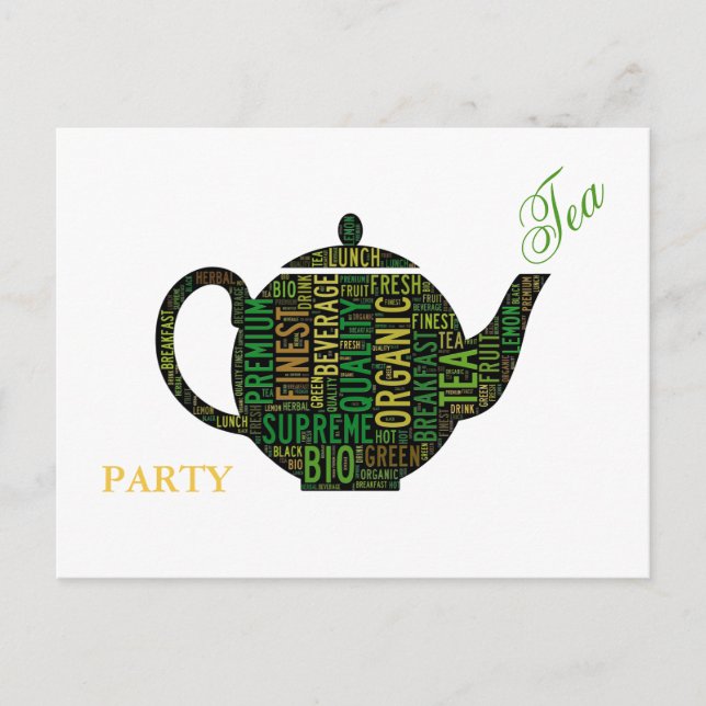 Tee-Party - Textdesign aus schwarzem Teekessel Einladungspostkarte (Vorderseite)