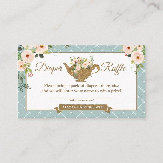 Tee Party Turquoise Floral Diaper Raffle Ticket Begleitkarte (Vorderseite)