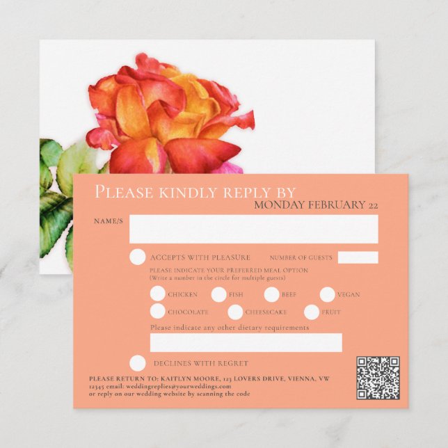 Tee Rose Aquarell Hochzeit QR-Code Mahlzeiten oran RSVP Karte (Vorne/Hinten)