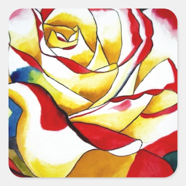 Tee Rose Aquarell Originale Kunst Blume Quadratischer Aufkleber (Vorderseite)
