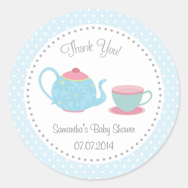 Tee Set Babyduschenaufkleber Pink Blue Polka Dot Runder Aufkleber (Vorderseite)