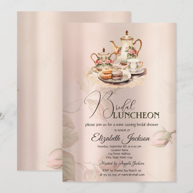 Tee Set Chic Rose Vintag Bridal Luncheon Einladung (Vorne/Hinten)