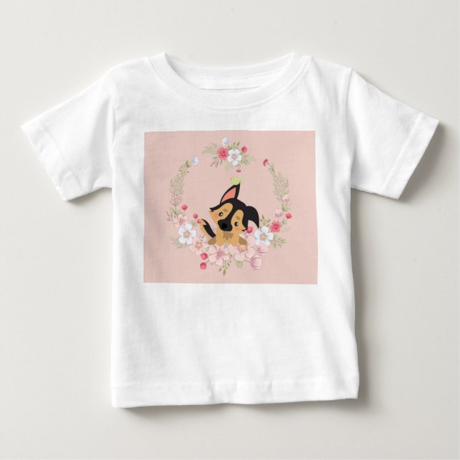 Tee Shirt für Baby Girl mit Hund, Vogel & Blume (Vorderseite)