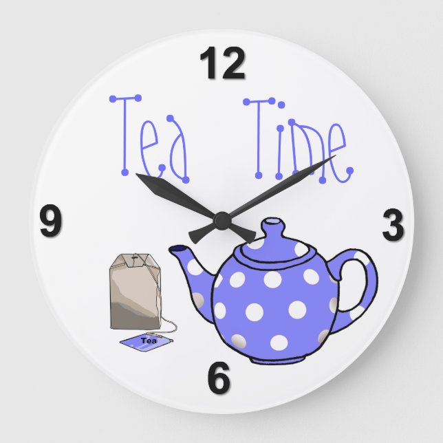 Tee Time Iris Blau & Weiße Küche Große Wanduhr (Vorderseite)
