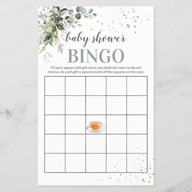 Tee und Grüne Baby Shower Game Bingo Card Flyer (Vorne)