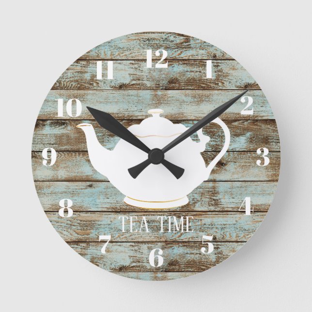 Tee-Zeit-elegante Teekanne-rustikales Runde Wanduhr (Vorderseite)