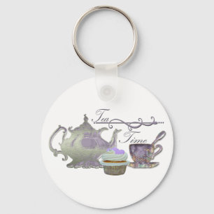 Tee-Zeit! Lila Teekanne-, Teacup-und Kuchen-Kunst Schlüsselanhänger
