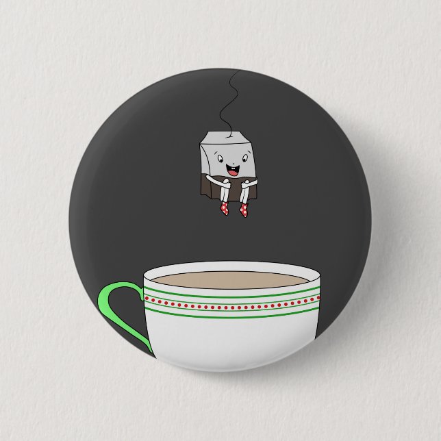 Teebeutel, der in Tasse Tee springt Button (Vorderseite)