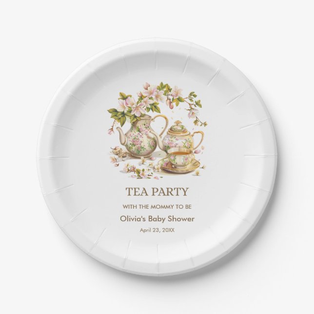 Teebeutel mit floraler Tee Party Zeit für Tea Baby Pappteller (Vorderseite)