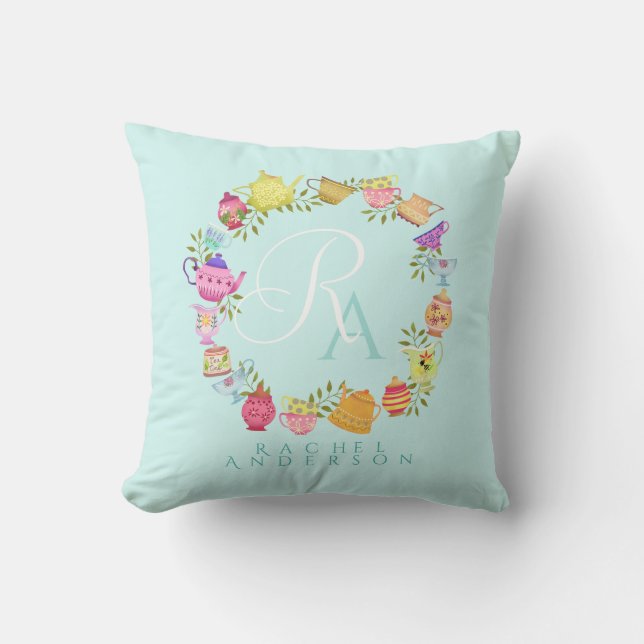Teebeutel und Tassen Monogramm Pastell blau Kissen (Vorderseite)