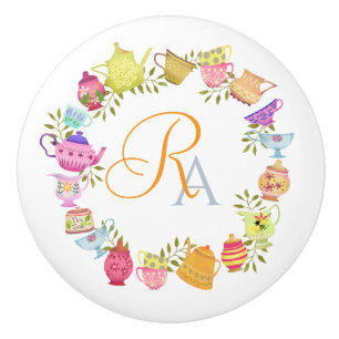 Teebeutel und Tassen Monogramm Pastell weiß Keramikknauf