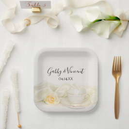 Teecup und Hochzeit mit weißer Rose Pappteller