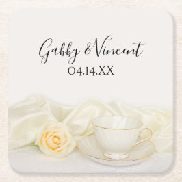 Teecup und Hochzeit mit weißer Rose Rechteckiger Pappuntersetzer