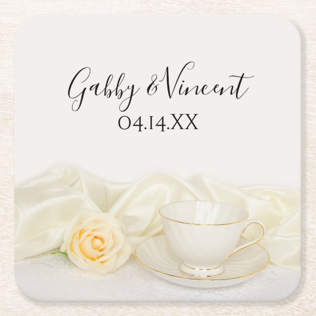 Teecup und Hochzeit mit weißer Rose Rechteckiger Pappuntersetzer (Vorderseite)