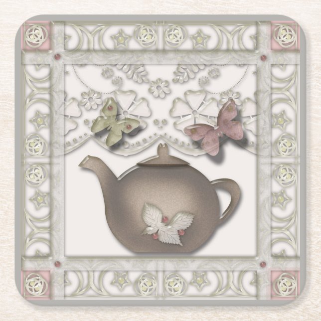 Teekanne aus Glas, beige Farben Rechteckiger Pappuntersetzer (Vorderseite)