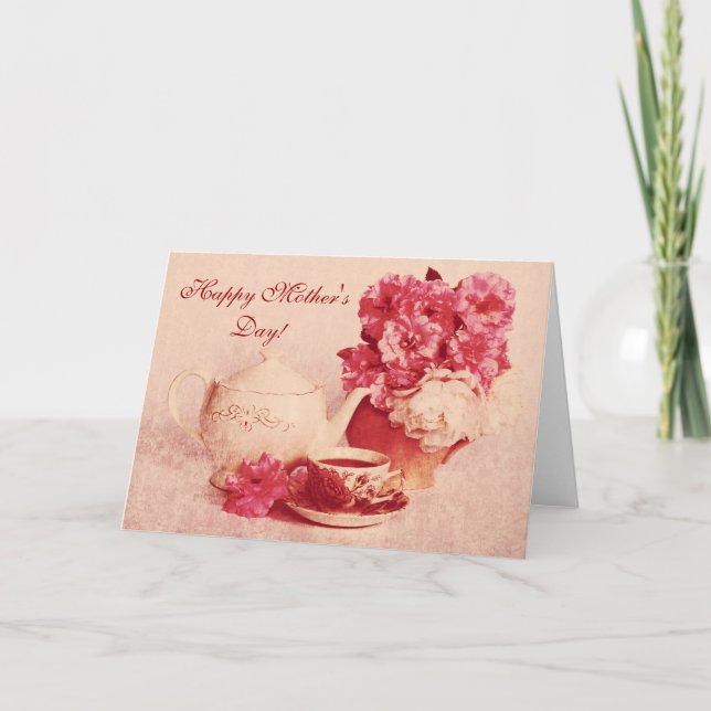 Teekanne, eine Tasse Tee und Rose Karte (Vorderseite)