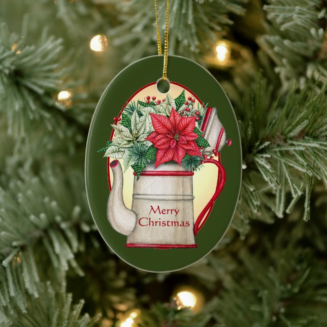 Teekanne in altmodischer Form mit Poinsettias Weih Keramik Ornament (Baum)