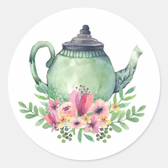 Teekanne in Aquarell Runder Aufkleber (Vorderseite)