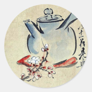 Teekanne mit Kirsche oder Pflaumenblüten Ukiyoe Runder Aufkleber
