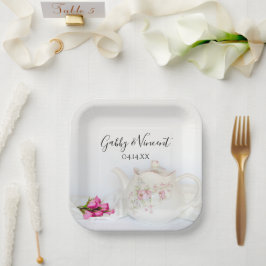 Teekanne mit rosa Rosen Hochzeit Pappteller